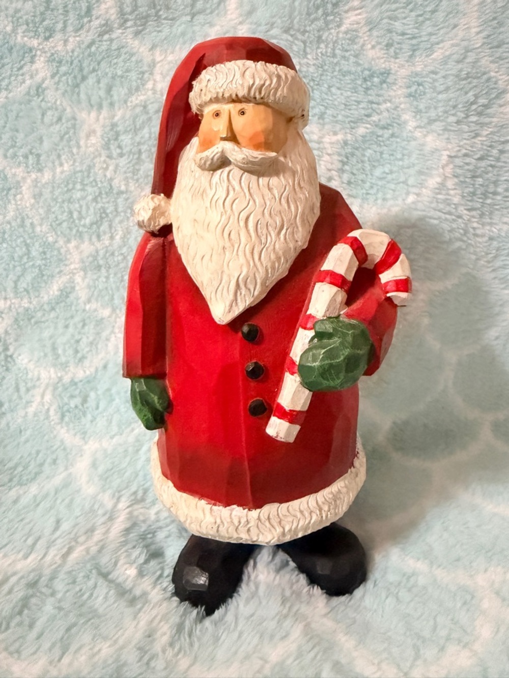 Carved Style Santa Figurine Holding Candy Cane Christmas Decor